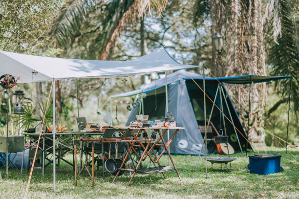istock camping setup summer with tent, table, chair and guitar 1318093648