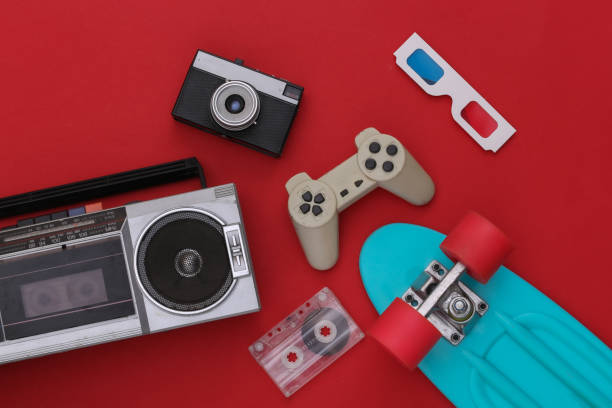 istock Retro old school attributes 80s on red background. Top view. Flat lay 1318093690