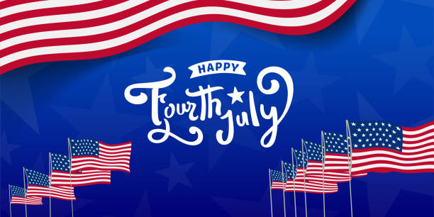 istock Happy fourth of July custom hand-lettering, typography design for 4th July celebration on navy blue background with united states waving flag use for sale banner, discount banner, advertisement banner, etc. 1318093810