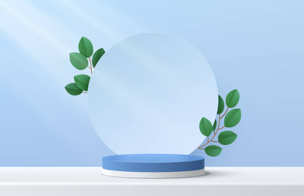 Modern white and blue cylinder pedestal podium. Blue pastel circle backdrop with green leaf decorate. Vector rendering 3d shape products display presentation. Minimal wall scene. Abstract studio room. Modern white and blue cylinder pedestal podium. Blue pastel circle backdrop with green leaf decorate. Vector rendering 3d shape products display presentation. Minimal wall scene. Abstract studio room. clover celebration event sparse simplicity stock illustrations