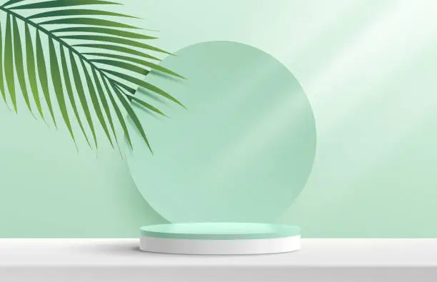 Vector illustration of Modern white, green cylinder pedestal podium. Green pastel circle backdrop with green coconut leaf. Abstract vector rendering 3d shape product display presentation. Minimal wall scene. Summer concept.