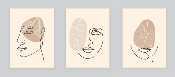 illustrations, cliparts, dessins animés et icônes de les femmes de boho font face sur le vecteur abstrait d’art de mur. ensemble surréaliste de portraits, visage de fille avec des lames dans le modèle de ligne. - leaf black background line art nature