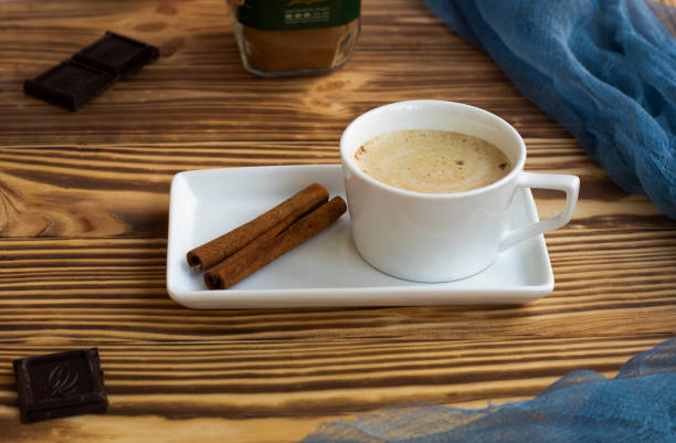istock a cup with cappuccino stands on a saucer, on a wooden background. 1318098064
