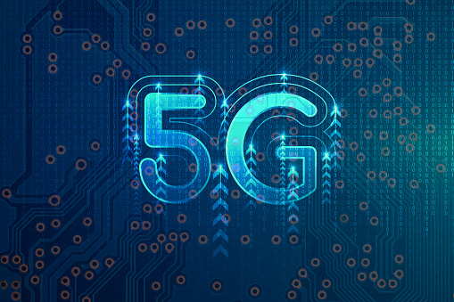 5G network wireless internet, High-speed mobile Internet, Wi-fi connection. Hi-tech digital technology concept. Binary code abstract technology background