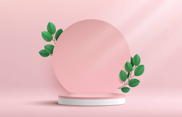 Modern white and pink cylinder pedestal podium. Pink pastel circle backdrop with green leaf decoration. Vector rendering 3d shape for product display presentation. Minimal wall scene. Abstract studio room. Modern white and pink cylinder pedestal podium. Pink pastel circle backdrop with green leaf decoration. Vector rendering 3d shape for product display presentation. Minimal wall scene. Abstract studio room. clover celebration event sparse simplicity stock illustrations