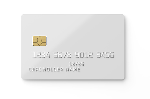 White plastic card with chip isolated on white background. Payment or credit card. 3D rendering template mockup.