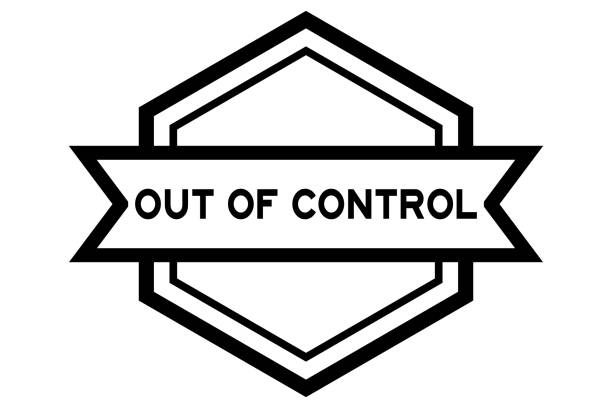 Hexagon vintage label banner in black color with word out of control on white background