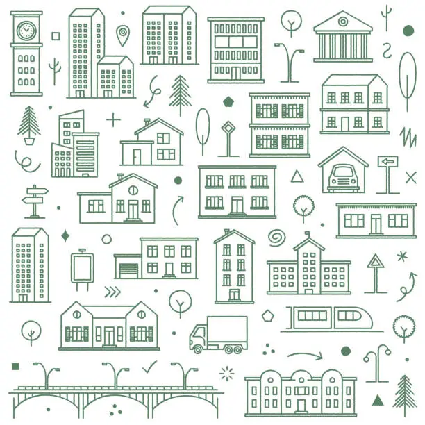 Vector illustration of Buildings & Architecture Doodle Pattern Illustration