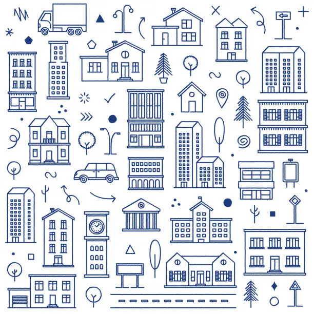 Vector illustration of City Downtown Doodle Pattern Illustration