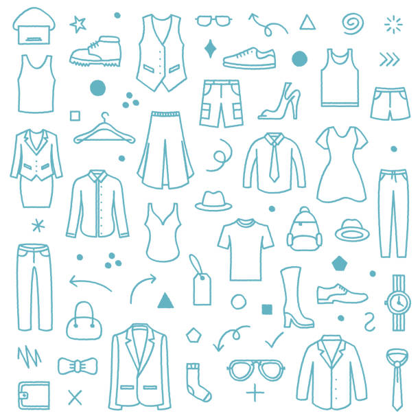 ilustrações de stock, clip art, desenhos animados e ícones de clothing store front doodle pattern illustration - sewing pattern