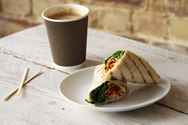 コーヒーとランチ - tray sandwich wrap sandwich delicatessen ストックフォトと画像