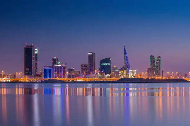 Cityscape view of Manama skyline during blue hour in the Kingdom of Bahrain.