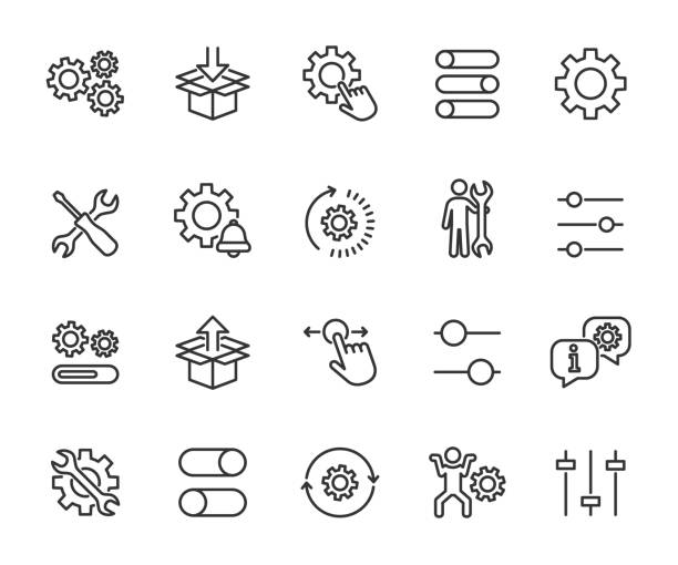Vector set of setup line icons. Contains icons settings, installation, maintenance, update, download, configuration, options, restore settings and more. Pixel perfect. Vector set of setup line icons. Contains icons settings, installation, maintenance, update, download, configuration, options, restore settings and more. Pixel perfect. refresh button on keyboard stock illustrations