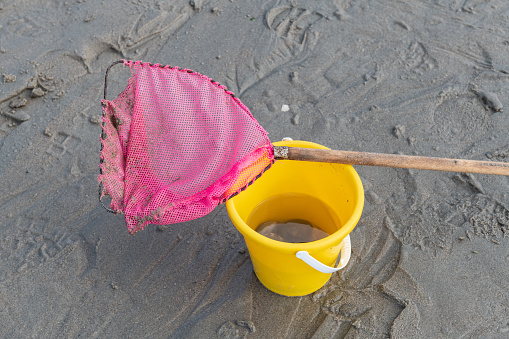 Child's bucket and fishing net on a beach