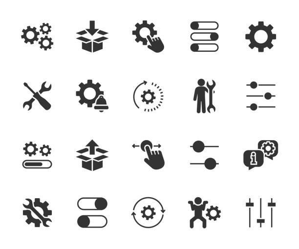 Vector set of setup flat icons. Contains icons settings, installation, maintenance, update, download, configuration, options, restore settings and more. Pixel perfect. Vector set of setup flat icons. Contains icons settings, installation, maintenance, update, download, configuration, options, restore settings and more. Pixel perfect. refresh button on keyboard stock illustrations