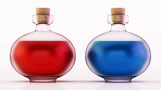 Antique blue glass bottles with rusted caps on top.