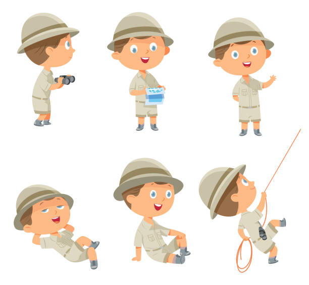 ilustraciones, imágenes clip art, dibujos animados e iconos de stock de niño con uniforme scout en muchas poses sobre blanco - discovery binoculars boy scout searching