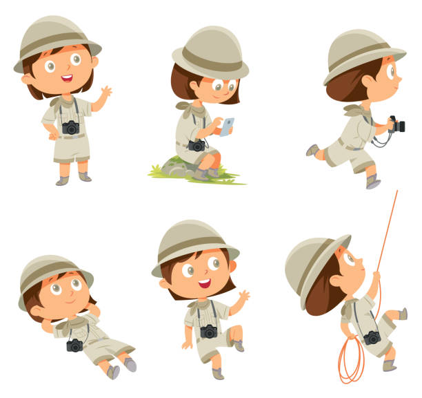 Girl in scout uniform in many poses on white Vector Girl in scout uniform in many poses on white exploration stock illustrations