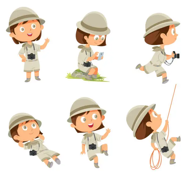 Vector illustration of Girl in scout uniform in many poses on white