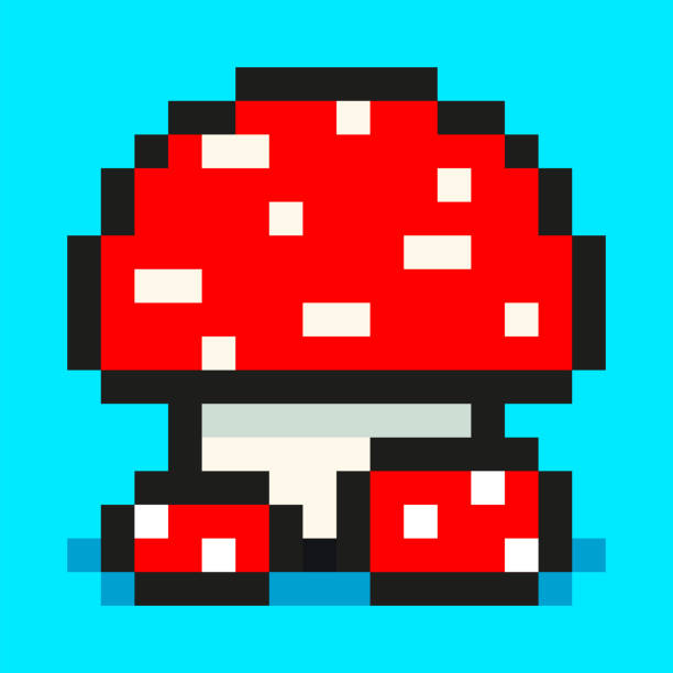 istock Pixel art, digital mushroom, big and small red amanita, flat web icon, vector design retro object 1318123322
