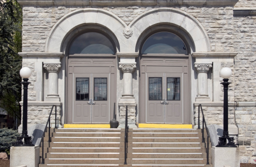 View of doors to City Hall in Williamsport, Pennsylvania.