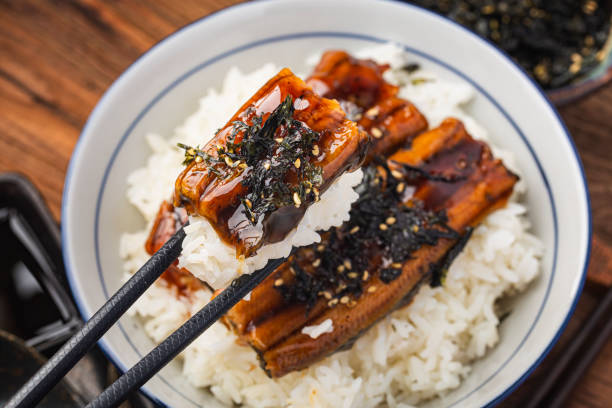 anguila japonesa a la parrilla con tazón de arroz o unagi don - estilo de comida japonesa - saltwater eel fotografías e imágenes de stock