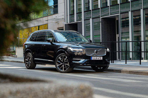 Berlin, Germany - 9th May, 2021: Plug-in hybrid SUV Volvo XC90 Recharge on a street. This model is the most luxury vehicle in Volvo offer.