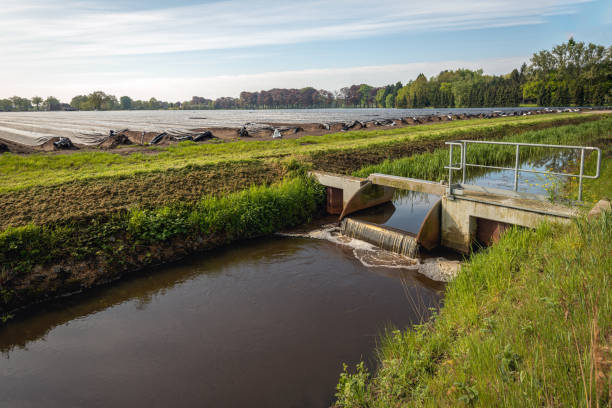 pequeno açude de metal em uma vala polder holandesa - miniature weir - fotografias e filmes do acervo