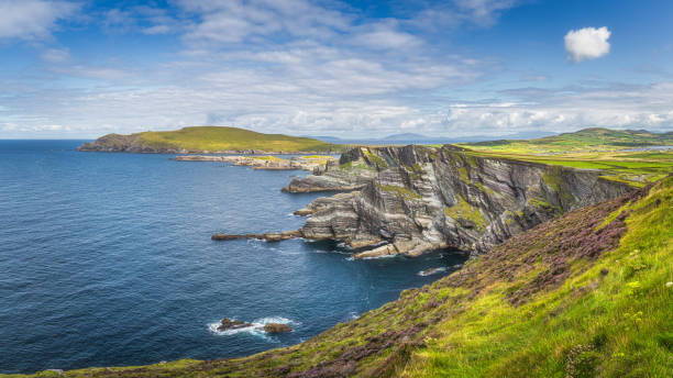 grand panorama avec des falaises de kerry et l’océan atlantique bleu coloré, irlande - republic of ireland photos et images de collection