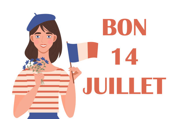 A cute dark-haired girl in a beret and sailor suit holds the flag of France and flowers. A cute dark-haired girl in a beret and sailor suit holds the flag of France and flowers. A festive illustration for the French National Celebration on July 14. Greeting card with text Bon 14 juillet bastille day stock illustrations