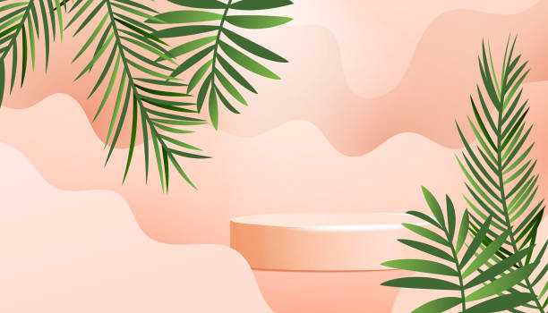 istock Realistic minimal product podium with green tropical palm leaves and soft wave isolated on a beige background. Blank background for posters, covers, wallpapers with place for text. Vector illustration,summer banner 1318145095