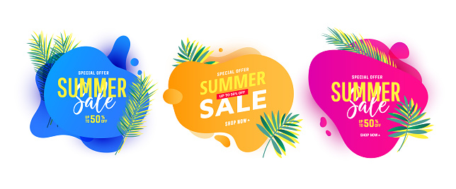 Summer sale banner layout template set. Trendy liquid abstract geometric bubble with tropic palm leaves