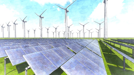 Solar panels and windmills, 3D illustration
