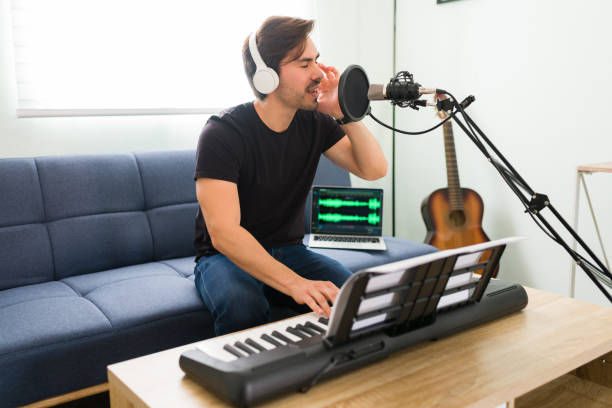 istock Talented male singer recording new music 1318149081