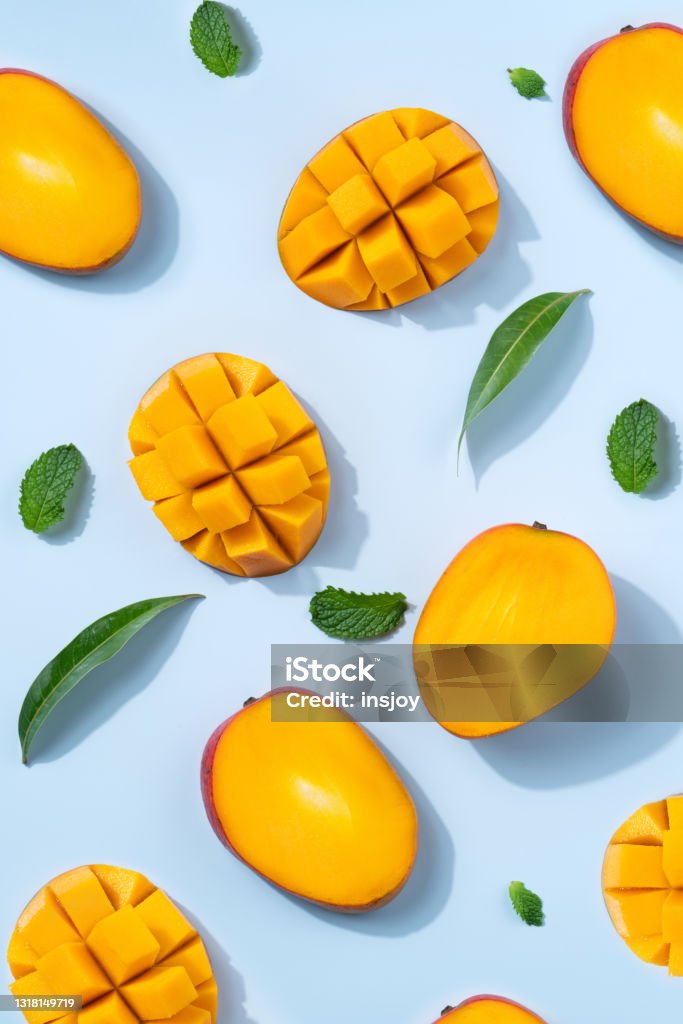 Mango Backround Image Mango Design Concept Diced Fresh Mango Fruit On Blue Table Background ...