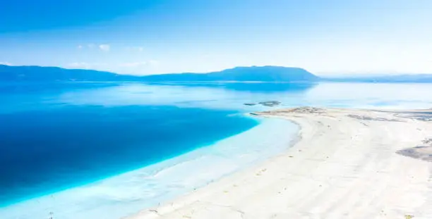 Photo of Aerial view over the clear beach and turquoise water of Salda lake. Burdur Province, Turkey