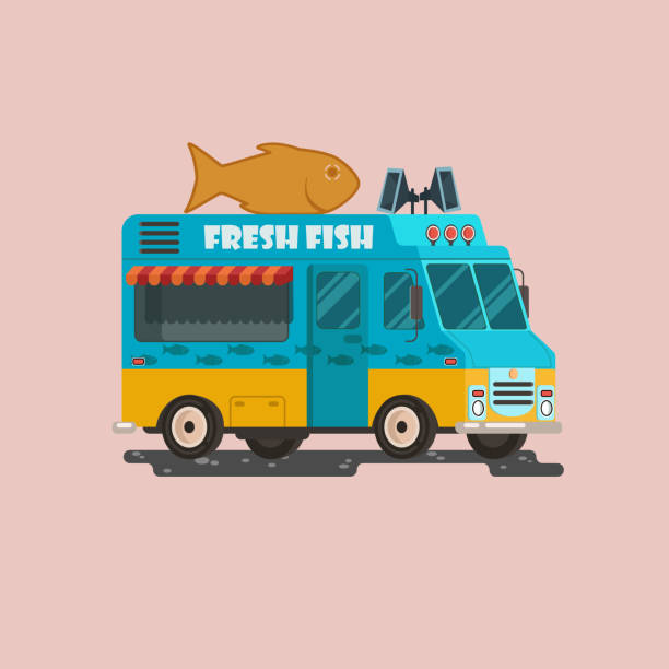 illustrazioni stock, clip art, cartoni animati e icone di tendenza di illustrazione vettoriale con pesce grosso. consegna di cibo di strada. eps 10 - truck transportation fish industry