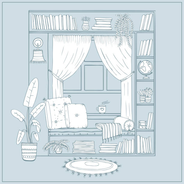 ilustrações de stock, clip art, desenhos animados e ícones de cozy place to read books by the window - background cosy beauty close up