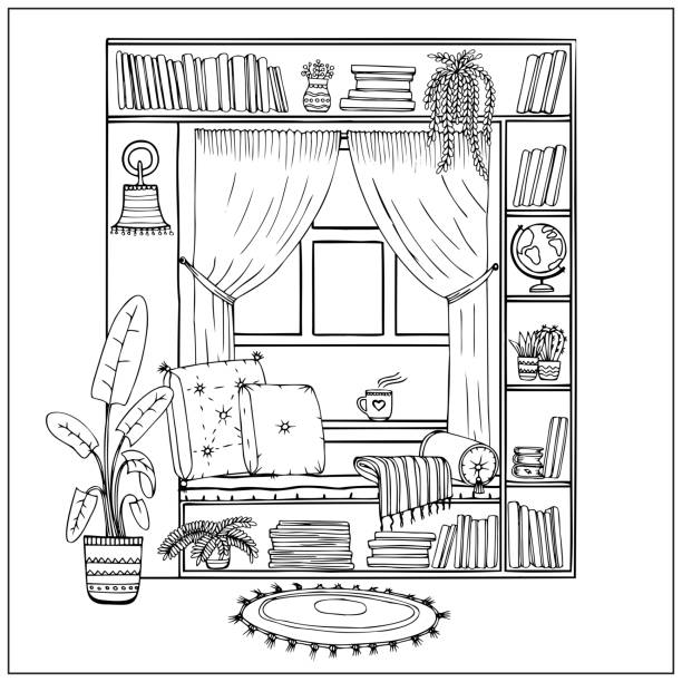 ilustrações de stock, clip art, desenhos animados e ícones de vector illustration of cozy place to read books by the window - background cosy beauty close up