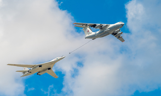 May 7, 2021, Moscow, Russia. An IL-78 tanker plane and a Tu-160 strategic bomber over Red Square in Moscow.