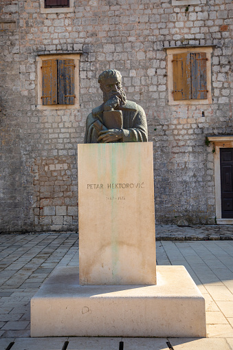Stari Grad, Croatia - March 28, 2021: Statue of Petar Hektorovic in Hvar in Croatia
