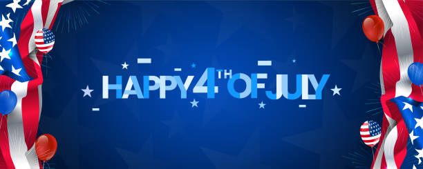 istock Happy 4th of July modern contemporary typography design on navy blue color background with usa flag-waving, firework burst & balloon. Use for sale banner, discount banner, Advertisement banner, postcard, etc. 1318160894