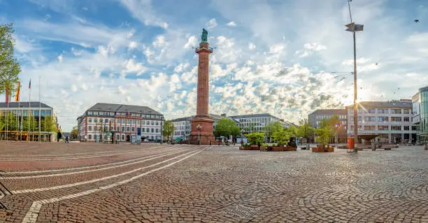 Panoramic view over Luisenplatz square in the center of the German university town Darmstadt in the state Hesse in the morning