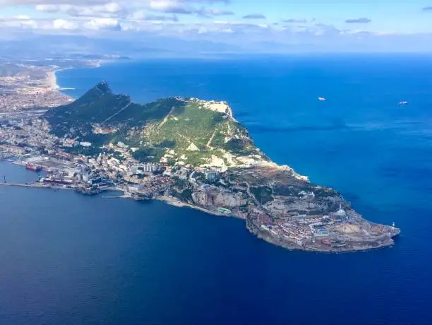 Aerial view of the whole of Gibraltar with Spain in the distance