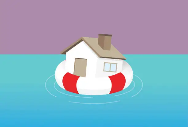 Vector illustration of A house float with a lifebuoy in a sea