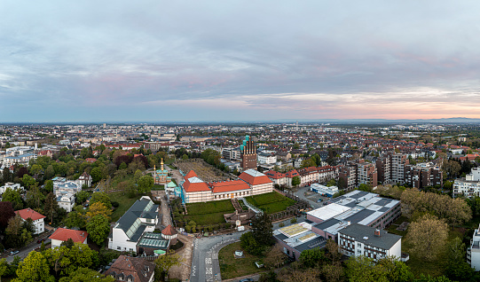 Drone panorama of the Hessian university city Darmstadt in Germany in the morning light