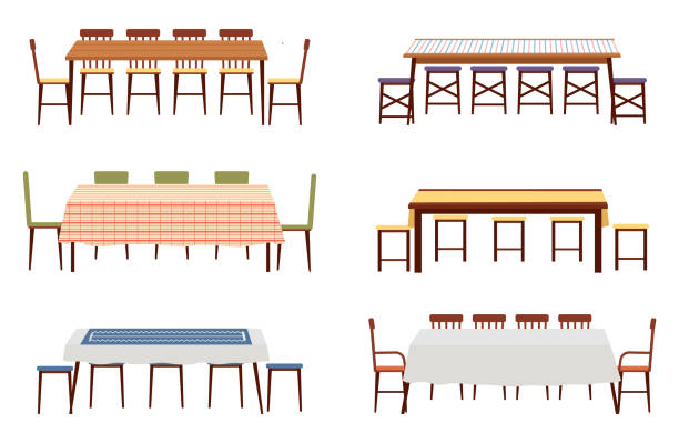 部屋のインテリアデザインのためのダイニングテーブルのセット。白い背景に隔離された家具 - 食卓点のイラスト素材／クリップアート素材／マンガ素材／アイコン素材