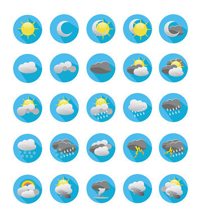 Weather forecast meteorology Icons flat design vector Icon stock illustration set. Colorful weather forecast design elements, perfect for mobile apps and widgets. Set contains; Sun, rain, thunder storm, 
dew, wind, snow, cloud, fog.
