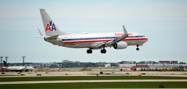 Bensenville, IL, USA - May 8 2021: American Airlines Boeing 737 with retro livery landing at Chicago O'Hare International Airport.