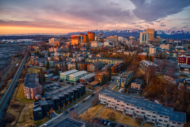 istock Aerial View of a Sunset over Downtown Anchorage, Alaska in Spring 1318170949